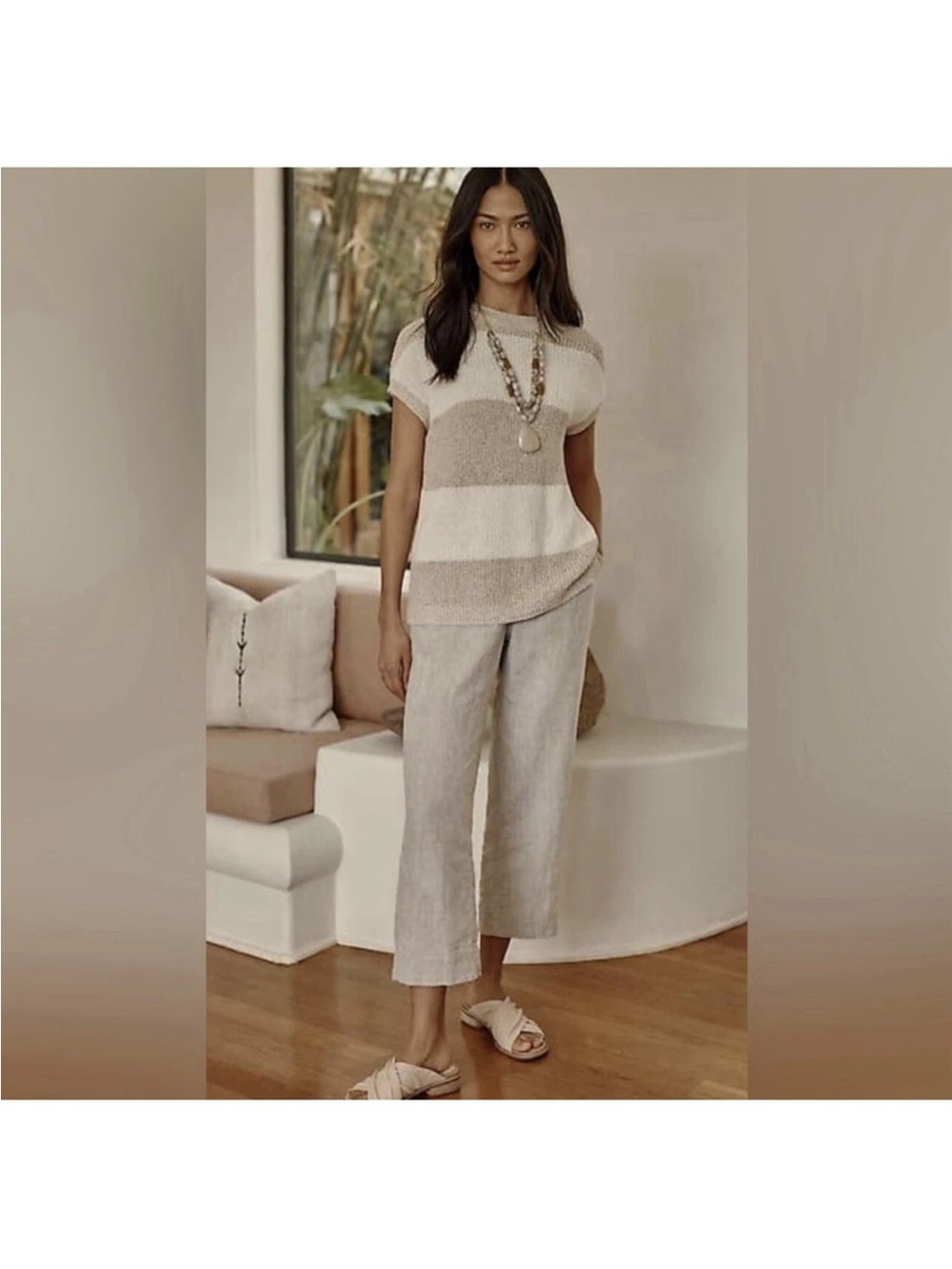 PureJill  Slim Crop Linen Light Tan Pocket Pants M